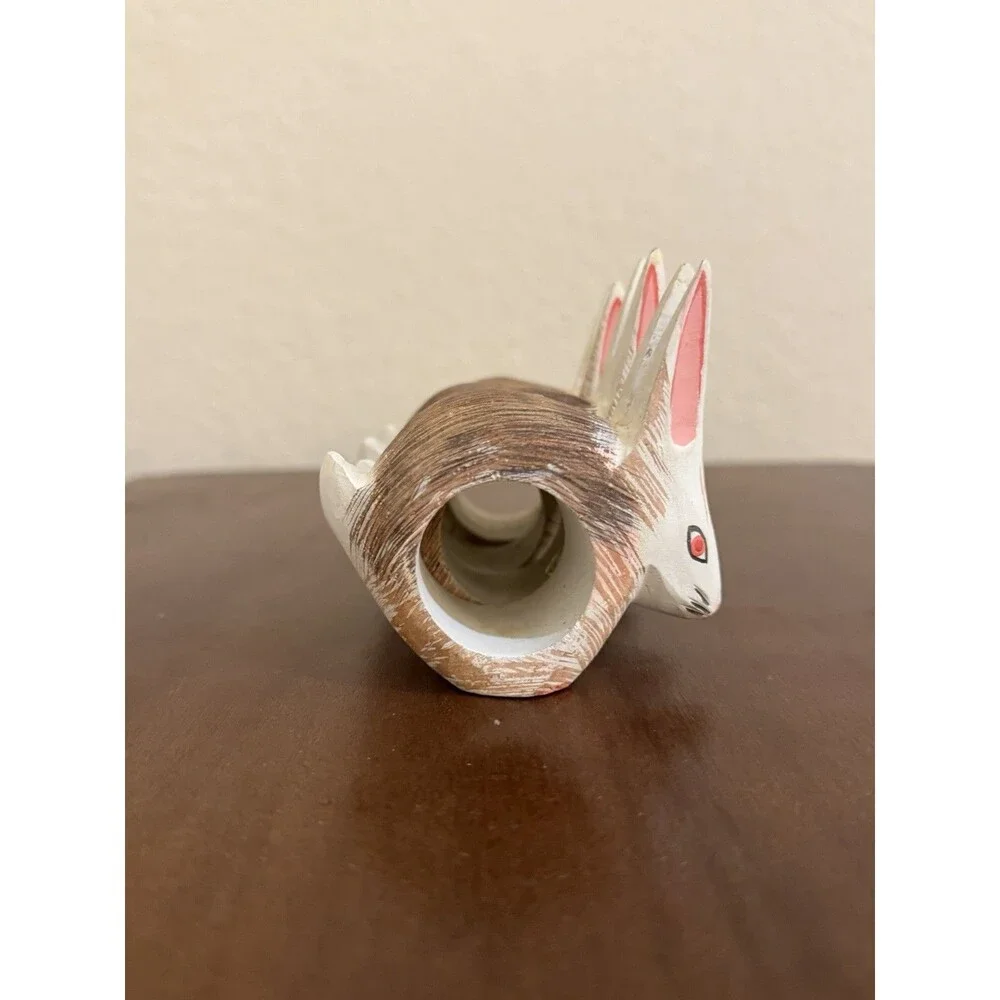 Vintage Hand Carved Wood Bunny Rabbit Napkin Rings Set of 4 Painted Philippines